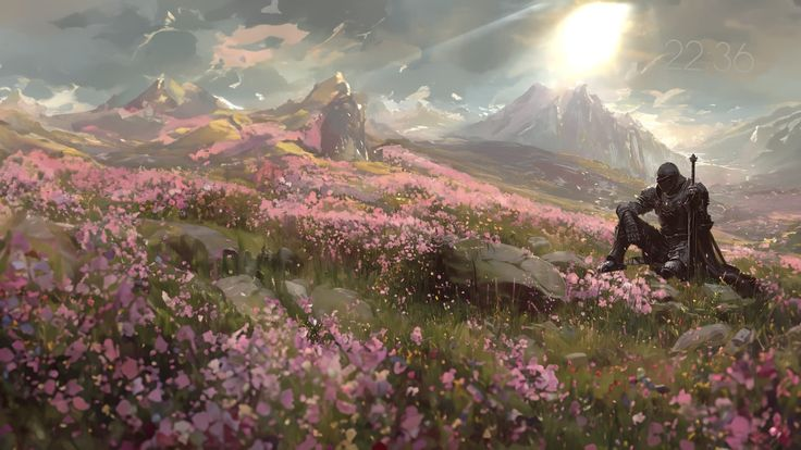 A contemplative knight in dark armor kneeling among pink flowers, overlooking a vast mountain landscape